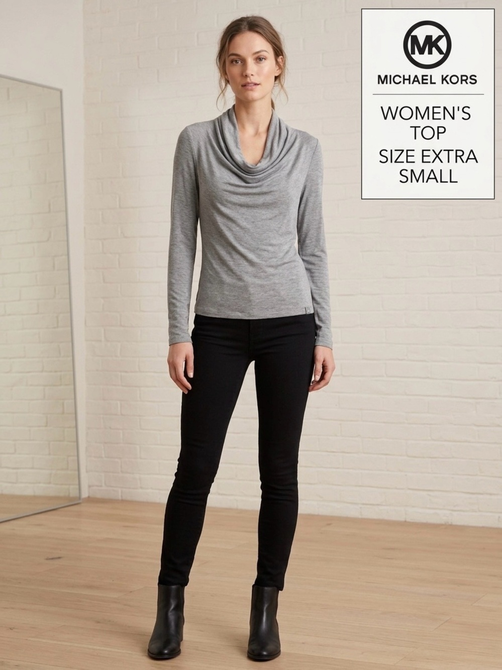 MICHAEL Michael Kors Gray Draped Cowl Neck Long Sleeve Top